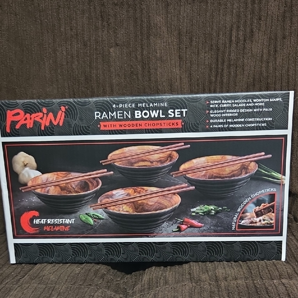Parini Black and Brown Ramen Bowl Set with Wooden Chopsticks